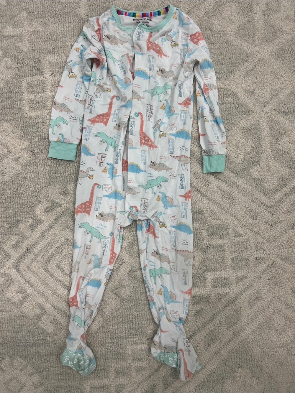 Magnetic Me White Footie Pajamas with Red, Green, Blue Dinosaur Print